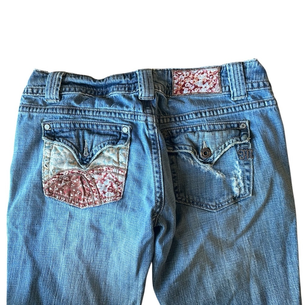 Miss Me Women's Blue Jeans Patchwork Back Pockets 29 Festival. Bootcut Low Rise